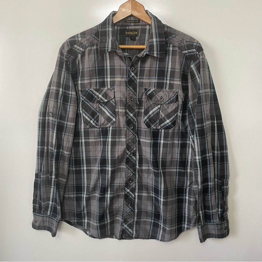 Helix Western Plaid Long Sleeve Button Down Shirt Black Gray Mens L Collegiate